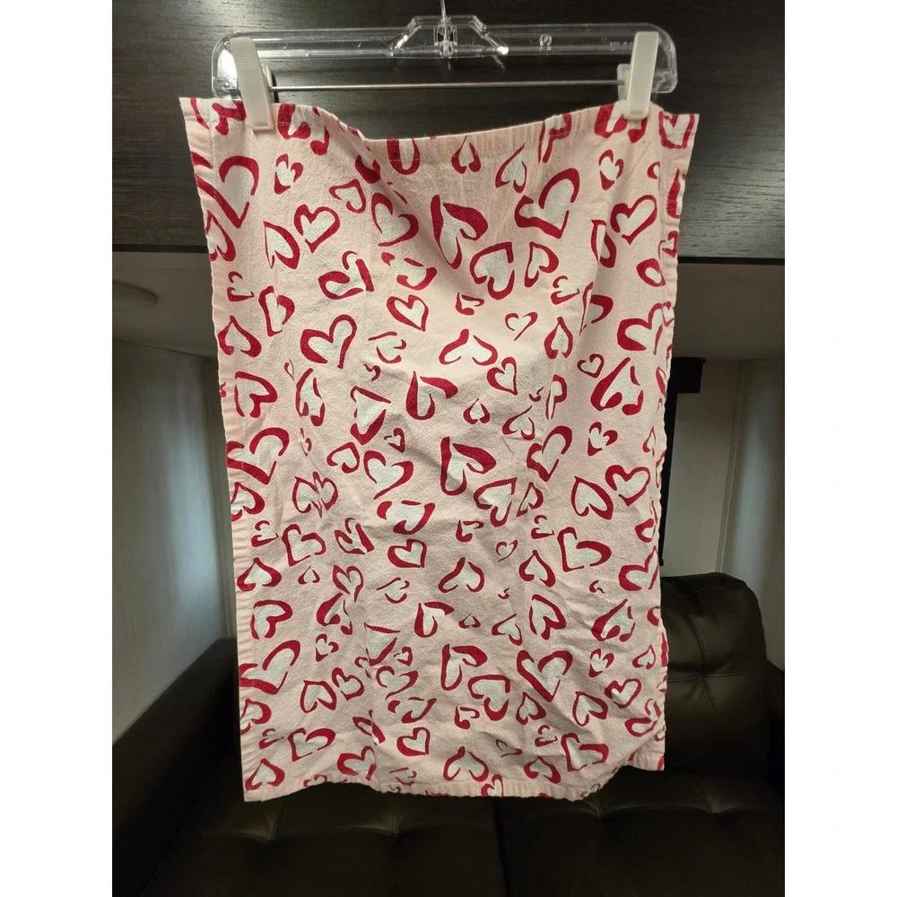Pink Red Heart Print Cotton Kitchen Hand Towel Valentines Day Decor Hanging Loop